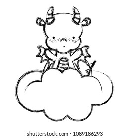 grunge cute dragon with horns and wings in the clouds