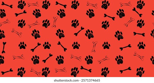 Grunge Cute Paws with Texture in Seamless Pattern. Hand drawn pencil animal paws with bones perfect for fabric print, wrapping paper