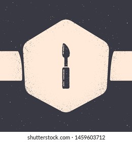 Grunge Cutter tool icon isolated on grey background. Sewing knife with blade. Monochrome vintage drawing. Vector Illustration