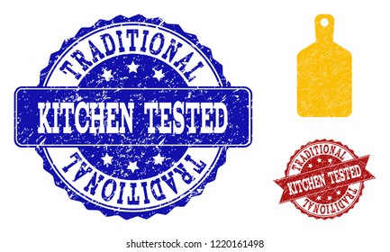 Grunge cutting board icon and dirty seals. Vector seals with grunge rubber texture for cutting board illustrations.