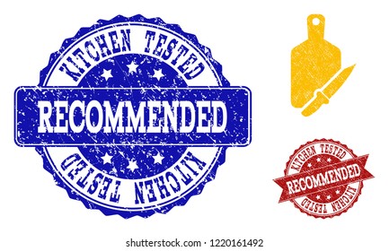 Grunge cutting board and knife icon and scratched stamps. Vector seals with scratched rubber texture for cutting board and knife illustrations.