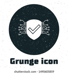 Grunge Cyber security icon isolated on white background. Shield with check mark sign. Safety concept. Digital data protection.  Vector Illustration