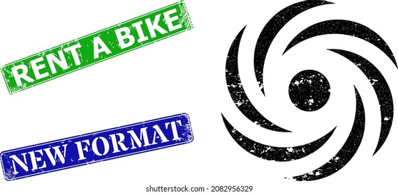 Grunge cyclone rotation icon and rectangle rubber Rent a Bike seal. Vector green Rent a Bike and blue New Format imprints with corroded rubber texture, designed for cyclone rotation illustration.