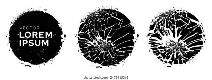 Grunge Damaged Shattered Circles with Cracks Collection. Distress Textures. Blank Shapes. Vector Illustration. 