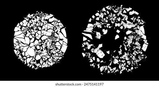 Grunge Damaged Shattered Circles with Cracks Collection. Distress Textures. Blank Shapes. Vector Illustration.