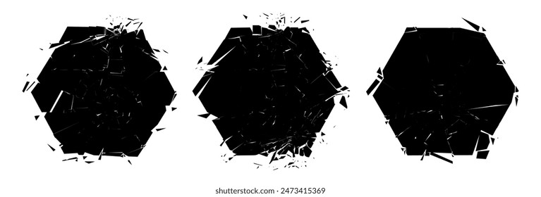 Grunge Damaged Shattered Hexagons with Cracks Collection. Distress Textures. Blank Shapes. Vector Illustration. 