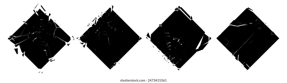 Grunge Damaged Shattered Rhombus Squares with Cracks Collection. Distress Textures. Blank Shapes. Vector Illustration. 