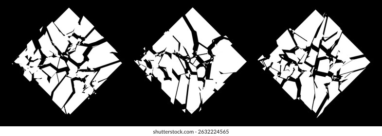 Grunge Danificado Rhombus Quadrados Quebrados com Fendas Coleção. Texturas de Socorro. Formas em Branco. Ilustração de vetor.