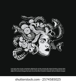 Grunge dark art Medusa with snake hair. Greek mythology Goddess vector