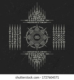 Grunge dark background with abstract custom made Thai tattoo symbols. Thailand national religion signs for decoration backgrounds