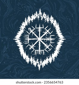 Grunge dark blue background with white ancient runic magic forest symbol circle. Viking Vegvisir sign wallpaper for different patterns and designs. Scandinavian wallpaper grunge