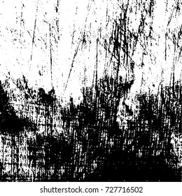 Grunge dark corner messy background. Distressed grainy overlay texture. Ink stroke brushed renovate wall backdrop. Abstract black and white cracks, stains, smears, scrapes for design and printing