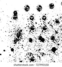 Grunge dark corner messy background. Distressed grainy overlay texture. Ink stroke brushed renovate wall backdrop. Abstract black and white cracks, stains, smears, scrapes for design and printing
