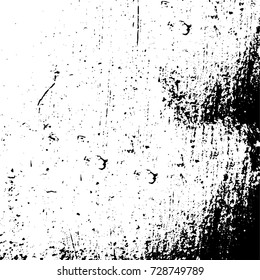 Grunge dark corner messy background. Distressed grainy overlay texture. Ink stroke brushed renovate wall backdrop. Abstract black and white cracks, stains, smears, scrapes for design and printing