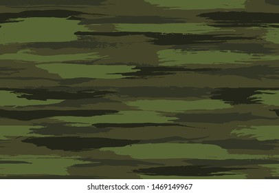 Grunge dark green camouflage, modern fashion design. Camo made brush strokes hand draws pattern. Fashionable Wallpaper or fabric print. Vector seamless texture. 