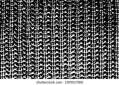 Grunge dark texture of coarse knitted jersey. Monochrome inverse knit background with noise, spots and grit. Overlay template. Vector illustration