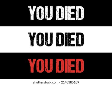 Grunge death icon, busted vector stamp, failed game symbol, you died isolated square message, game ui, dead tag