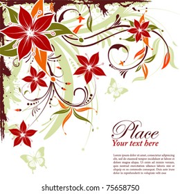 Grunge decorative floral frame with butterfly, element for design, vector illustration