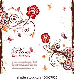 Grunge decorative floral frame with butterfly, element for design, vector illustration