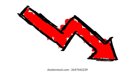 Grunge decrease arrow with brush stroke texture vector. Combines reduction with a raw, artistic, distressed feel. Great for edgy trends, abstract declines, or dynamic financial indicators with texture