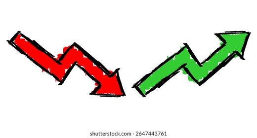 Grunge diminuir e aumentar a seta com o vetor de textura do traçado do pincel. Representa flutuação com uma sensação crua, angustiada. Ideal para tendências dinâmicas, mudanças abstratas ou indicadores de mercado voláteis.