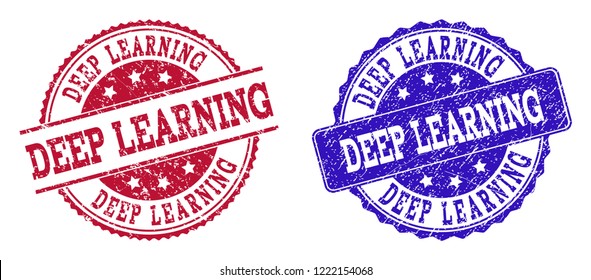 Grunge DEEP LEARNING seal stamps in blue and red colors. Stamps have draft style. Vector rubber imitation with Deep Learning text. Illustration design includes circle, rounded rectangle, rosette,