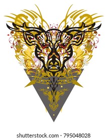 Grunge deer head golden splashes. Tribal abstract head of a deer with floral elements, a triangle against the background of gold splashes