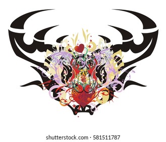 Grunge deer head. Tribal deer head formed by the eagle heads and red heart with floral splashes, arrows and asterisks