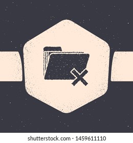 Grunge Delete folder icon isolated on grey background. Folder with recycle bin. Delete or error folder. Close computer information folder. Monochrome vintage drawing. Vector Illustration