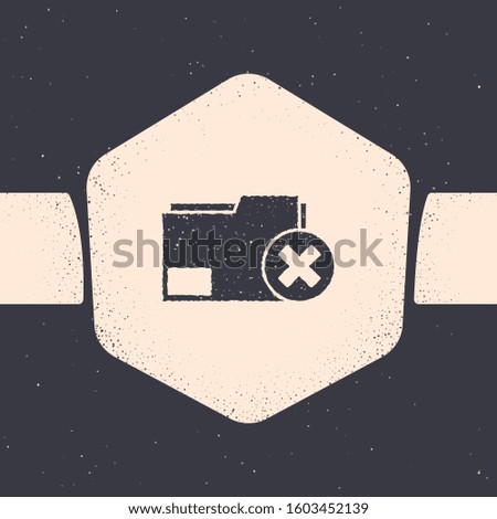 Grunge Delete folder icon isolated on grey background. Delete or error folder. Close computer information folder. Monochrome vintage drawing. Vector Illustration