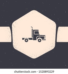 Grunge Delivery cargo truck vehicle icon isolated on grey background. Monochrome vintage drawing. Vector Illustration