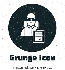 Grunge Delivery man with cardboard boxes icon isolated on white background. Door to door delivery by courier. Monochrome vintage drawing. Vector Illustration