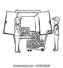 grunge delivery men with packages and platform trolleys