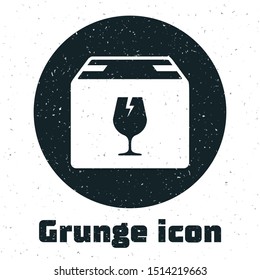 Grunge Delivery package box with fragile content symbol of broken glass icon isolated on white background. Box, package, parcel sign.  Vector Illustration