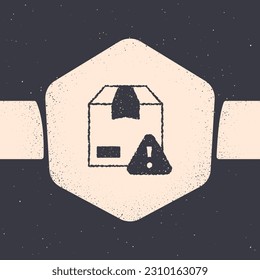 Grunge Delivery security with shield icon isolated on grey background. Delivery insurance. Insured cardboard boxes beyond the shield. Monochrome vintage drawing. Vector