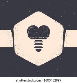 Grunge Dental implant icon isolated on grey background. Monochrome vintage drawing. Vector Illustration