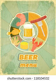 Grunge Design Beer Menu - glass of beer and snack on Vintage background - Vector illustration