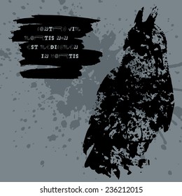 Grunge design with blots silhouette of a owl and latin aphorism. Template for card, poster, invitation, brochure or banner.