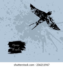 Grunge design with blots silhouette of a swallow and latin aphorism. Template for card, poster, invitation, brochure or banner.