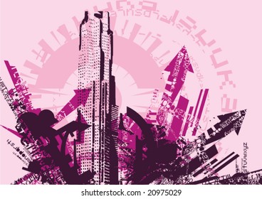 Grunge design with a building silhouette, vector illustration.