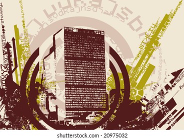 Grunge design with a building silhouette, vector illustration.