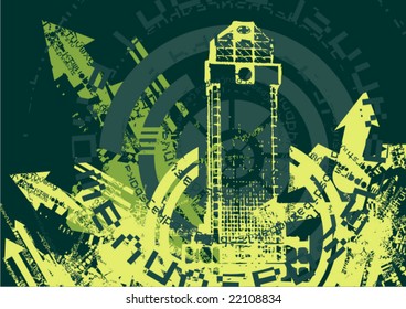 Grunge design with a building silhouette, vector illustration.