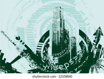 Grunge design with a building silhouette, vector illustration.