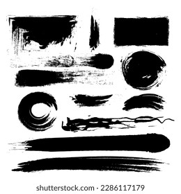 Grunge Design Elements. Black blots, brush strokes. Set of vector illustration. Isolated on white background. Freehand drawing.