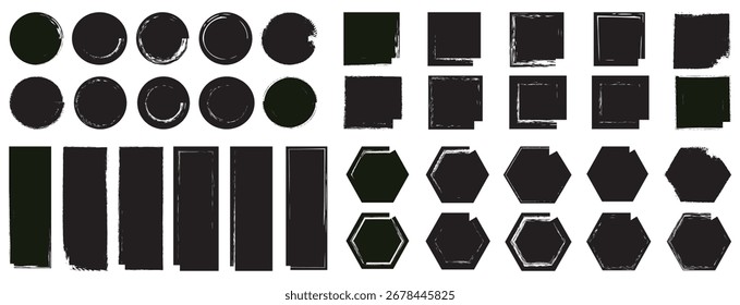 Grunge design elements. Black paint backgrounds and splatters. Black grunge textured background vector illustration. Grunge vector seal shapes