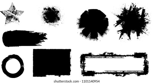 Grunge Design Elements . Brush strokes, Ink spots ,, stains , Stamps Collection, Circles. Banners, Insignias , , Labels and Badges Set . vector distress textures.blank shapes