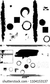 Grunge Design Elements . Brush strokes, Ink spots ,, stains , Stamps Collection, Circles. Banners, Insignias , , Labels and Badges Set . vector distress textures.blank shapes