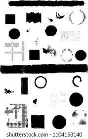 Grunge Design Elements . Brush strokes, Ink spots ,, stains , Stamps Collection, Circles. Banners, Insignias , , Labels and Badges Set . vector distress textures.blank shapes