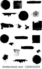 Grunge Design Elements . Brush strokes, Ink spots ,, stains , Stamps Collection, Circles. Banners, Insignias , , Labels and Badges Set . vector distress textures.blank shapes