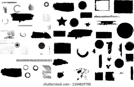 Grunge Design Elements . Brush strokes, Ink spots ,, stains , Stamps Collection, Circles. Banners, Insignias , , Labels and Badges Set . vector distress textures.blank shapes